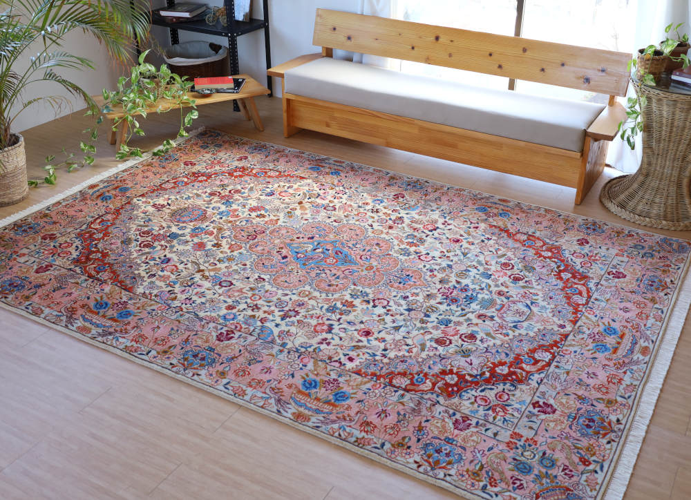 ペルシャ絨毯 イラン・カシュマル産 297×200cm ウール　テラコッタピンク×アイボリー