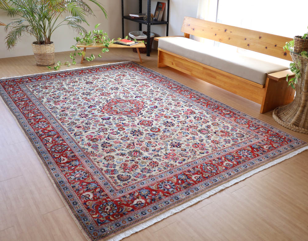 ペルシャ絨毯 イラン、カシャーン産 294×198cm ウール　アイボリー×オレンジ