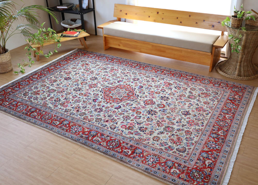 ペルシャ絨毯 イラン、カシャーン産 294×198cm ウール　アイボリー×オレンジ