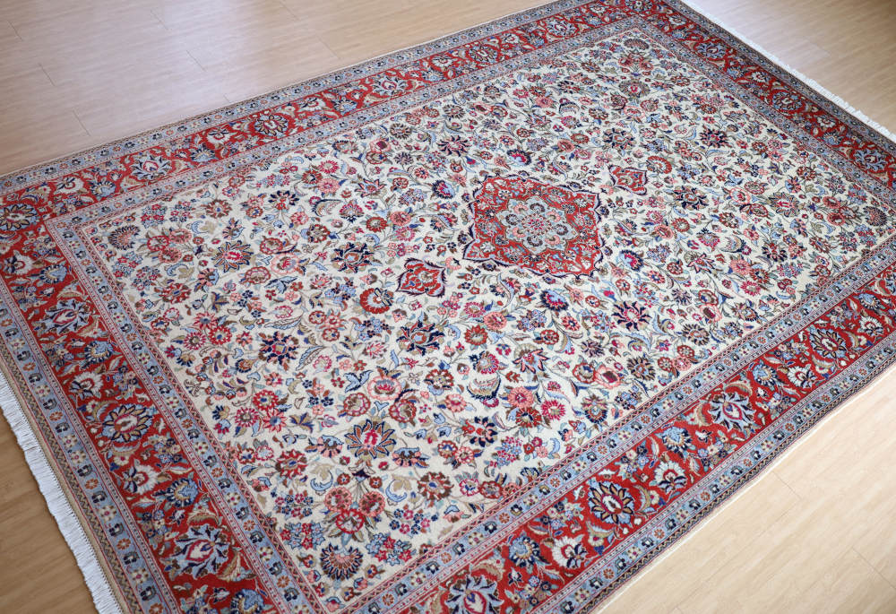 ペルシャ絨毯 イラン、カシャーン産 294×198cm ウール　アイボリー×オレンジ