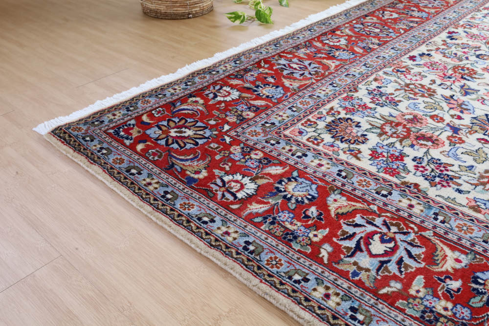 ペルシャ絨毯 イラン、カシャーン産 294×198cm ウール　アイボリー×オレンジ