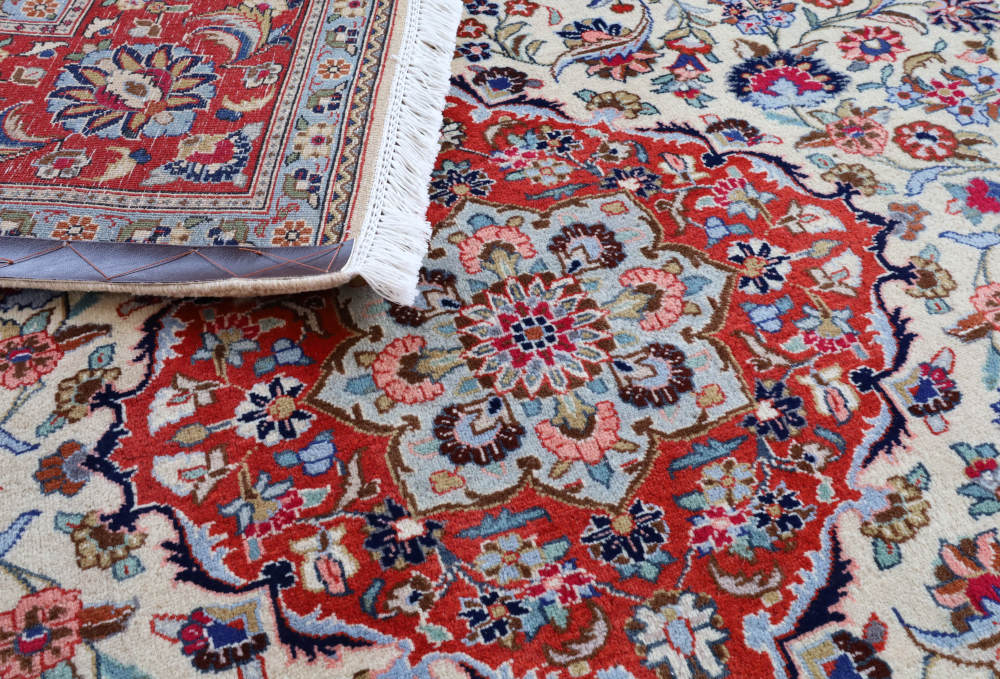 ペルシャ絨毯 イラン、カシャーン産 294×198cm ウール　アイボリー×オレンジ