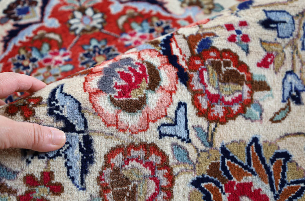 ペルシャ絨毯 イラン、カシャーン産 294×198cm ウール　アイボリー×オレンジ