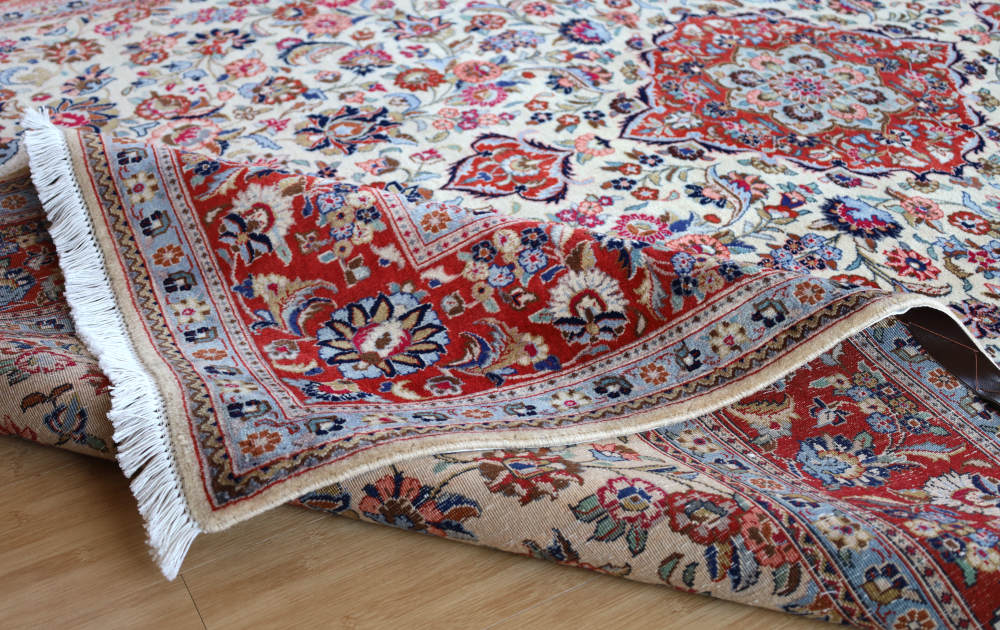 ペルシャ絨毯 イラン、カシャーン産 294×198cm ウール　アイボリー×オレンジ