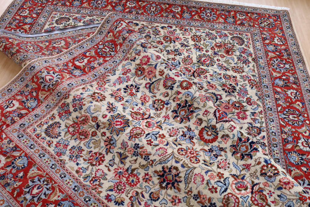 ペルシャ絨毯 イラン、カシャーン産 294×198cm ウール　アイボリー×オレンジ