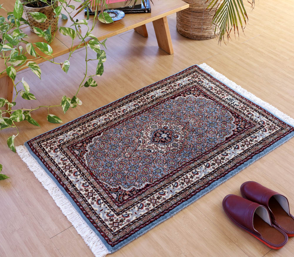 ペルシャ絨毯玄関マット イラン、ムード産 93×62cm ウール＆シルク　水色