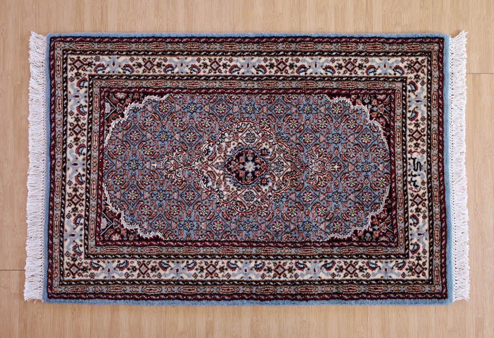 ペルシャ絨毯玄関マット イラン、ムード産 93×62cm ウール＆シルク　水色