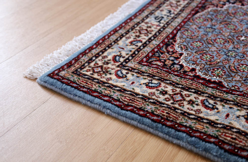 ペルシャ絨毯玄関マット イラン、ムード産 93×62cm ウール＆シルク　水色