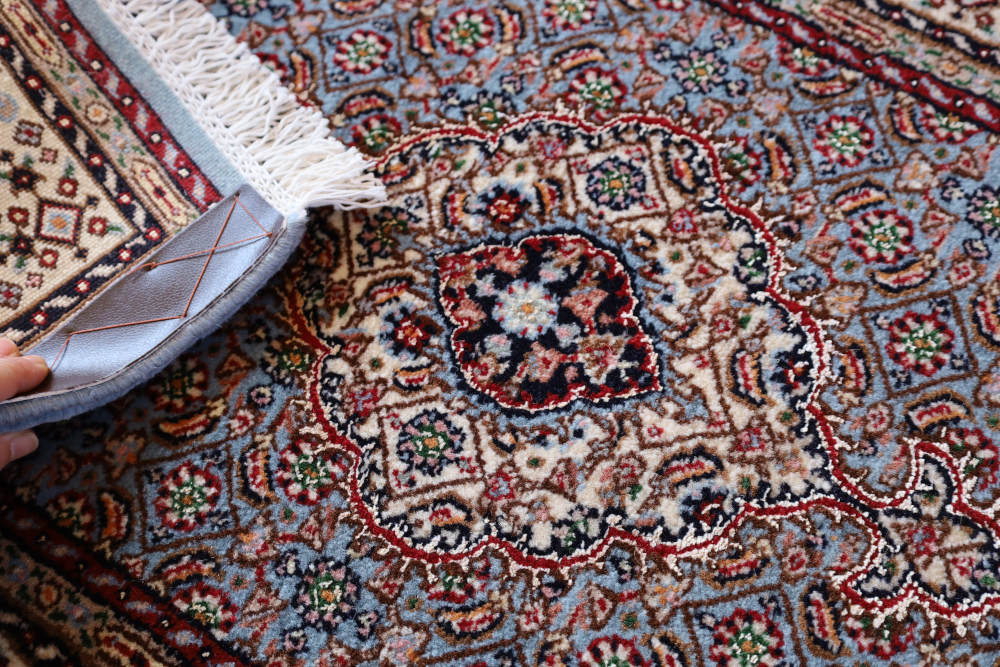 ペルシャ絨毯玄関マット イラン、ムード産 93×62cm ウール＆シルク　水色