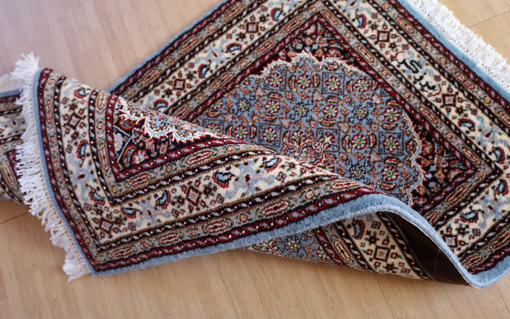 ペルシャ絨毯玄関マット イラン、ムード産 93×62cm ウール＆シルク　水色