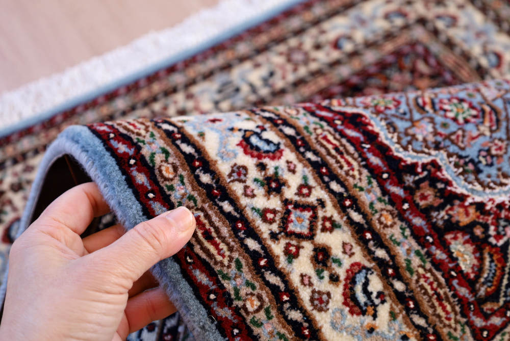 ペルシャ絨毯玄関マット イラン、ムード産 93×62cm ウール＆シルク　水色