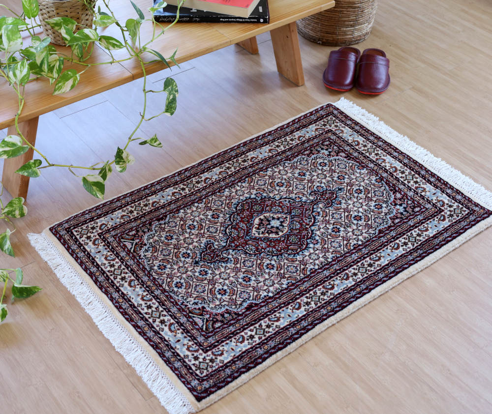 ペルシャ絨毯玄関マット イラン、ムード産 90×60cm ウール＆シルク　アイボリー