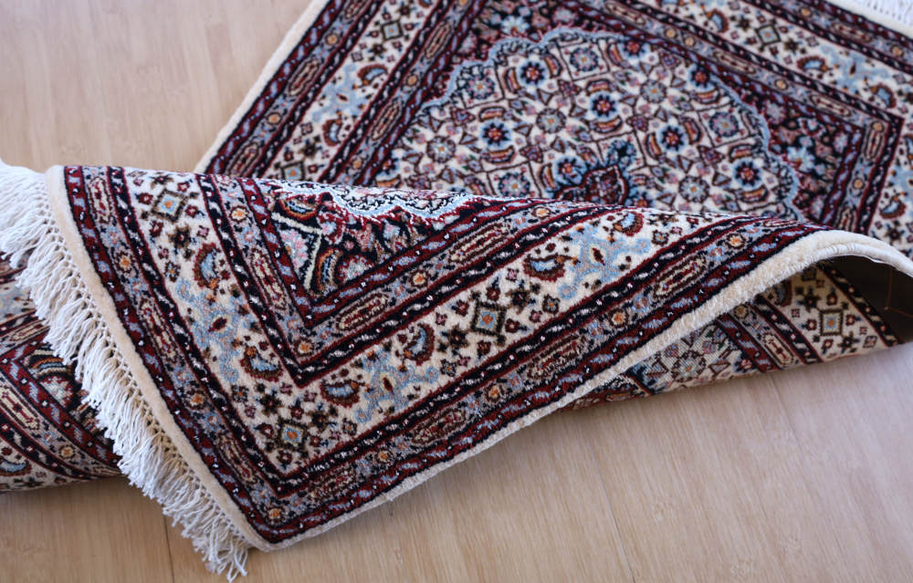 ペルシャ絨毯玄関マット イラン、ムード産 90×60cm ウール＆シルク　アイボリー