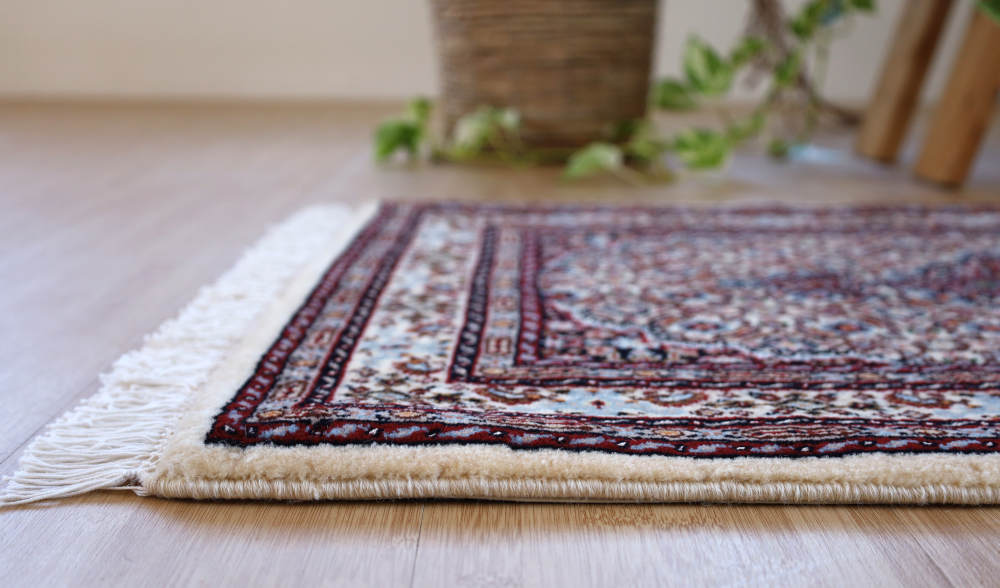 ペルシャ絨毯玄関マット イラン、ムード産 90×60cm ウール＆シルク　アイボリー