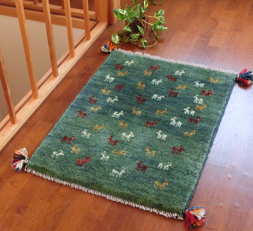 ギャッベ絨毯（ギャベ） 玄関マットサイズ 緑 cg10483 /家庭織り
