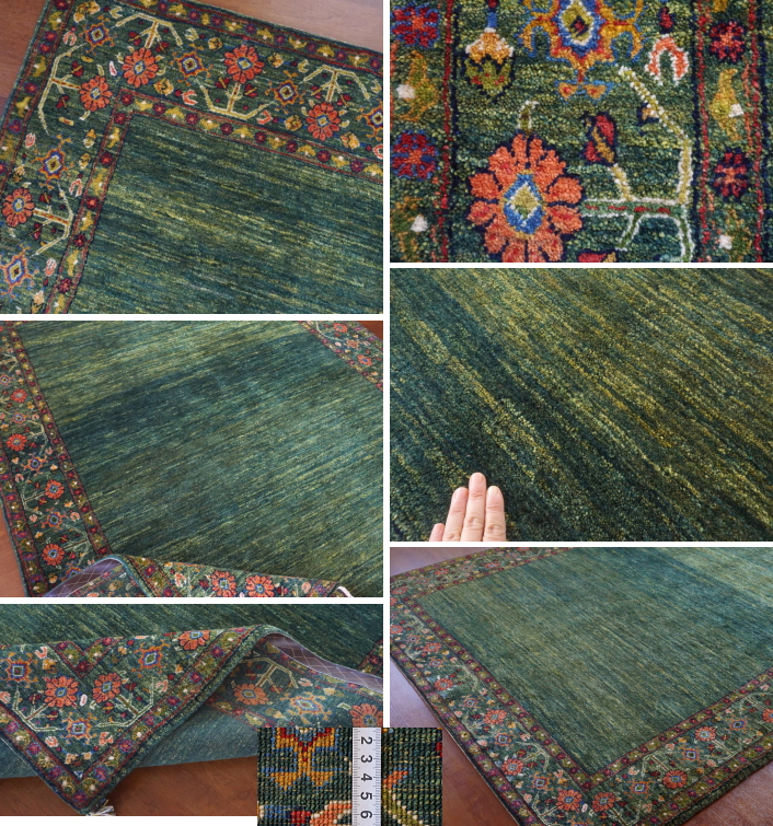 ギャッベ絨毯リビングサイズ 緑、花の枠模様/家庭織ギャッベ＆キリムの店 クラフトワーク