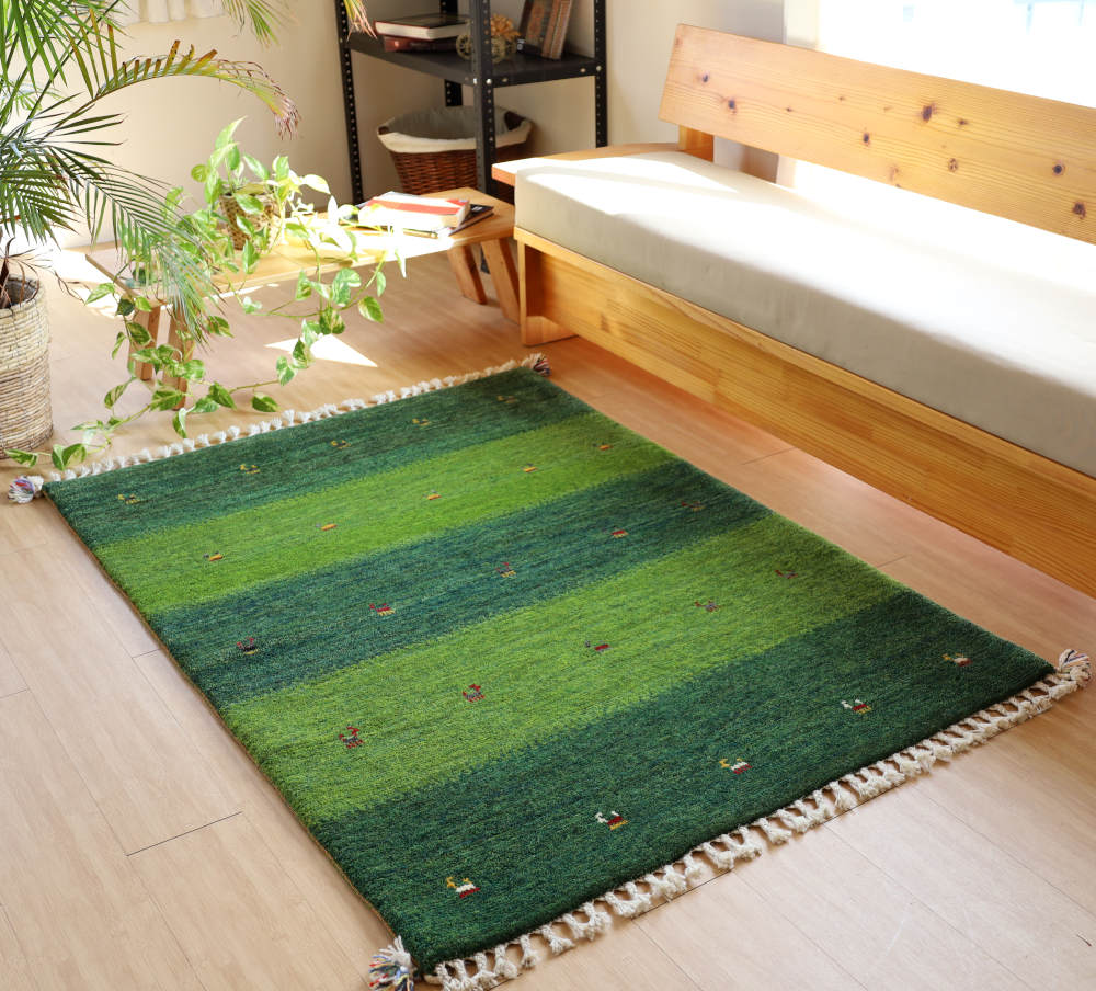 ギャッベ　154×108cm　緑の縞模様　イラン産、カシュガイ族手織り1