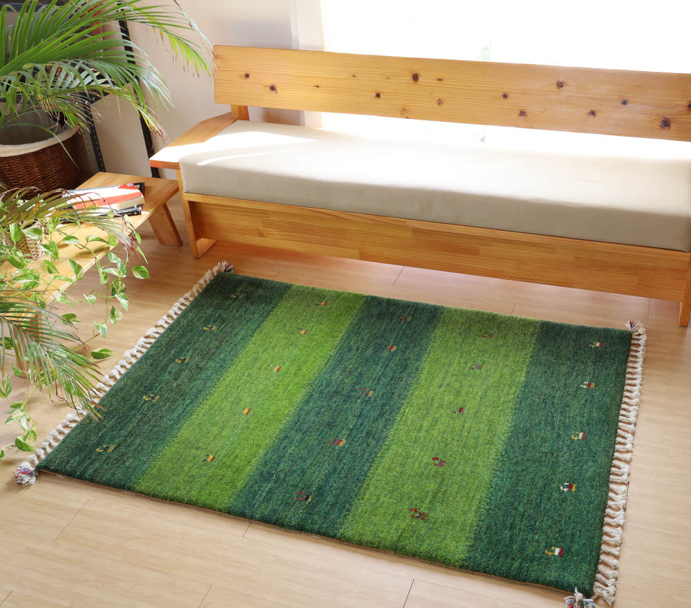 ギャッベ　154×108cm　緑の縞模様　イラン産、カシュガイ族手織り8