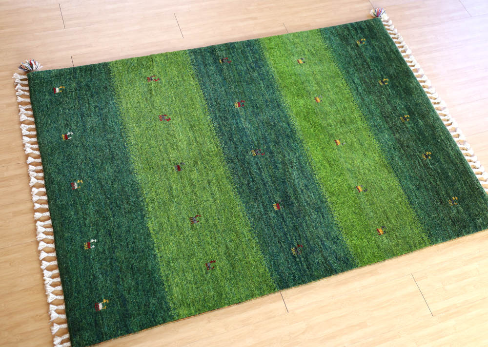 ギャッベ　154×108cm　緑の縞模様　イラン産、カシュガイ族手織り2