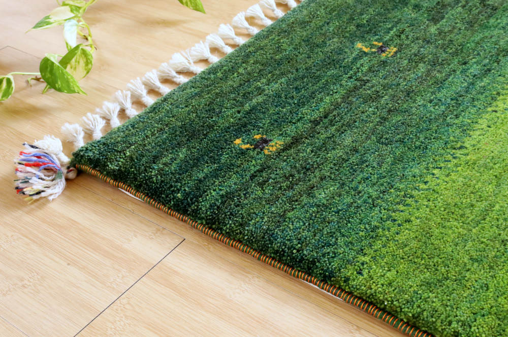 ギャッベ　154×108cm　緑の縞模様　イラン産、カシュガイ族手織り3