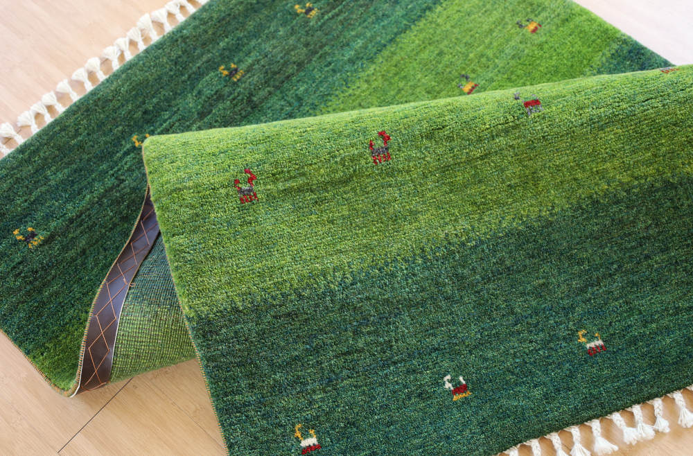 ギャッベ　154×108cm　緑の縞模様　イラン産、カシュガイ族手織り7