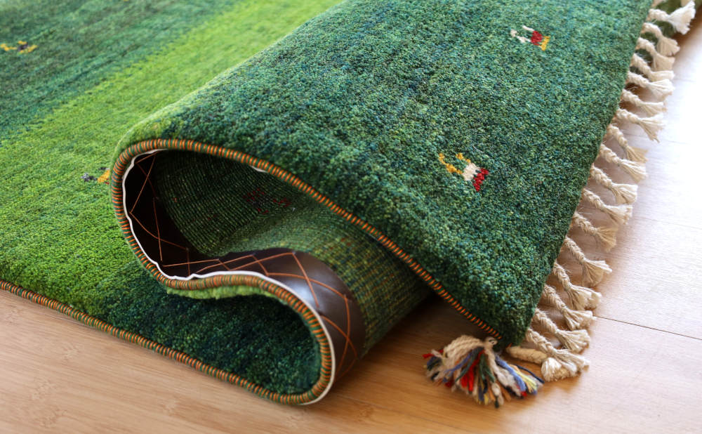 ギャッベ　154×108cm　緑の縞模様　イラン産、カシュガイ族手織り7