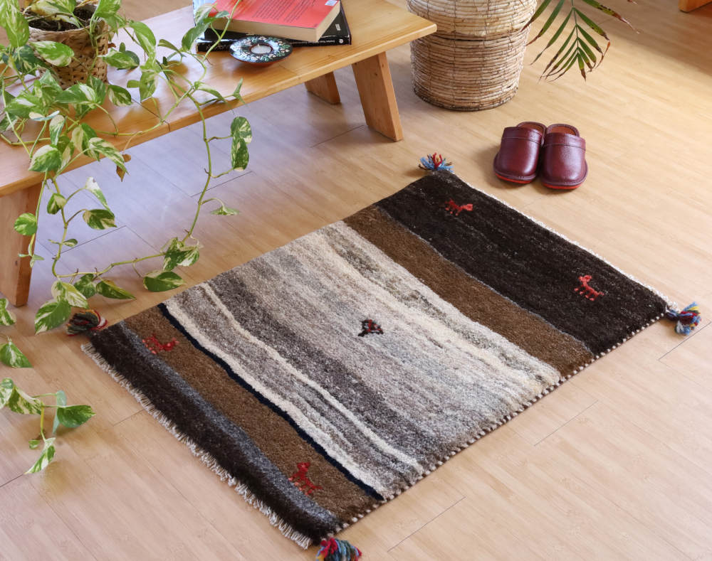 ギャッベ　玄関マットサイズ　83×59cm　ストライプ・ダークブラウン
                        