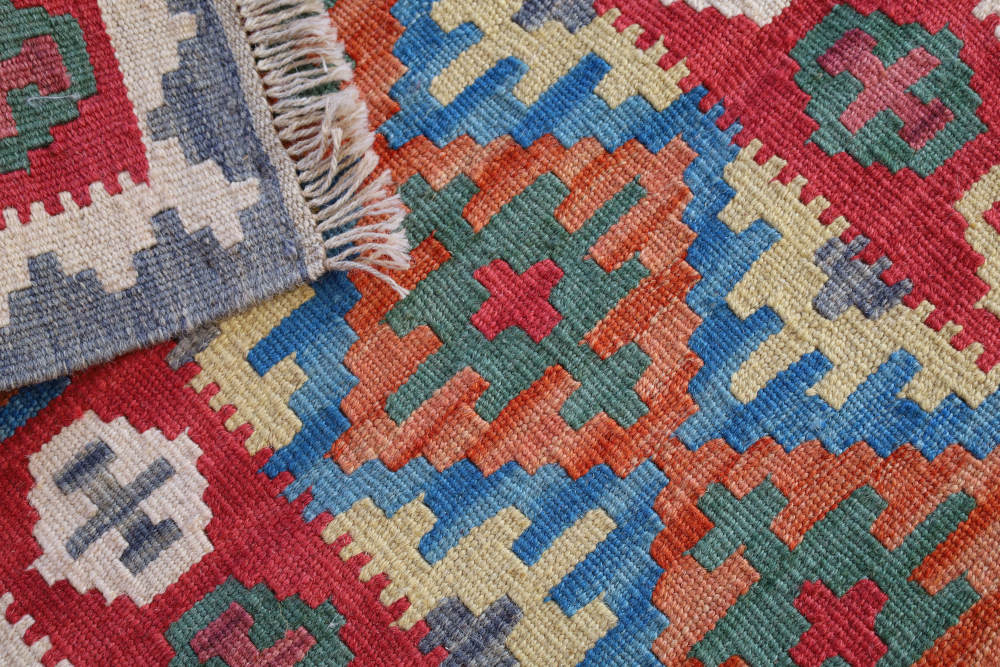 キリム玄関マット　イラン・シーラーズ産　92×65cm 裏面に取り付けた革の様子と織り目の近影