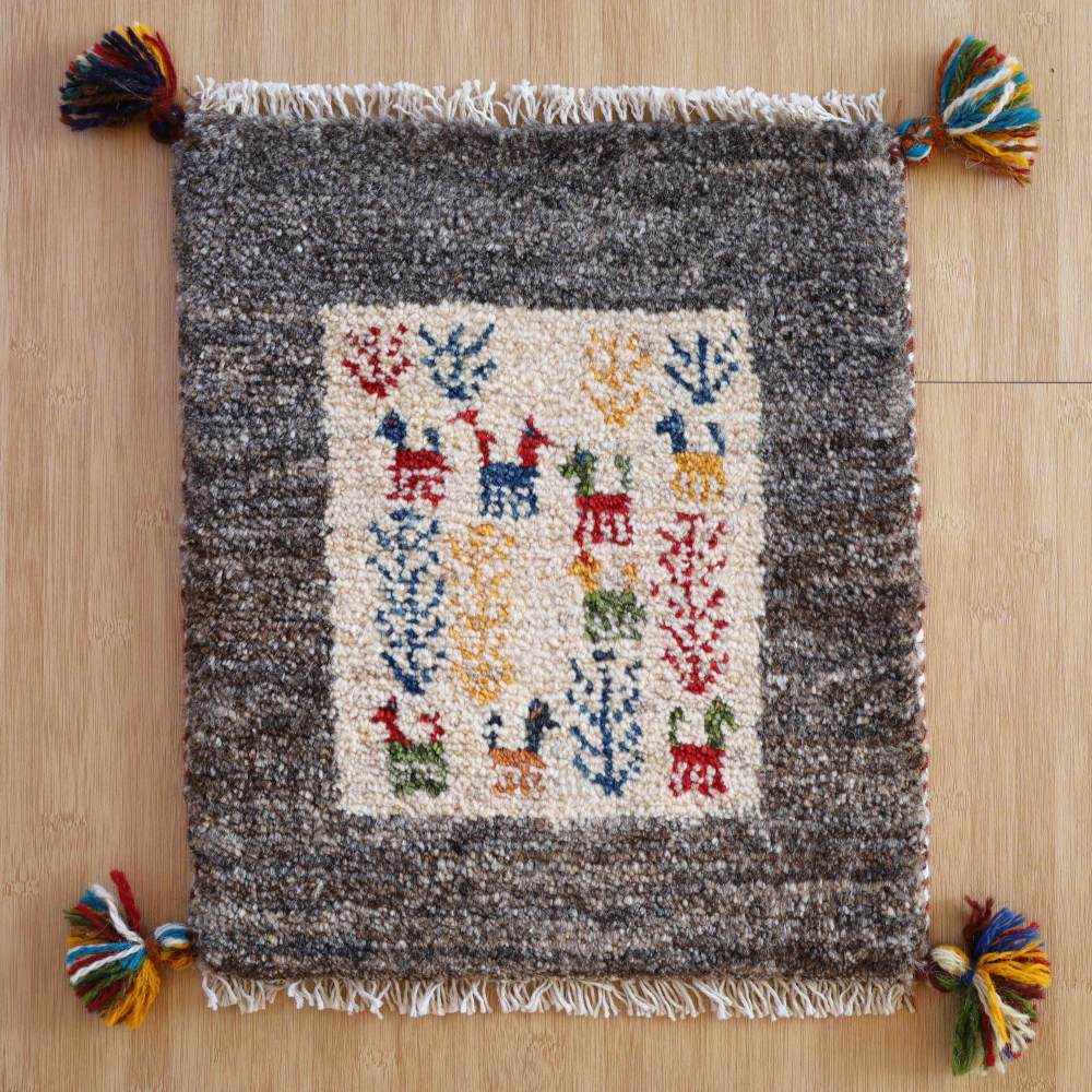 ギャッベ座布団　約40×40cm　茶グレー×アイボリー　イラン産・手織り