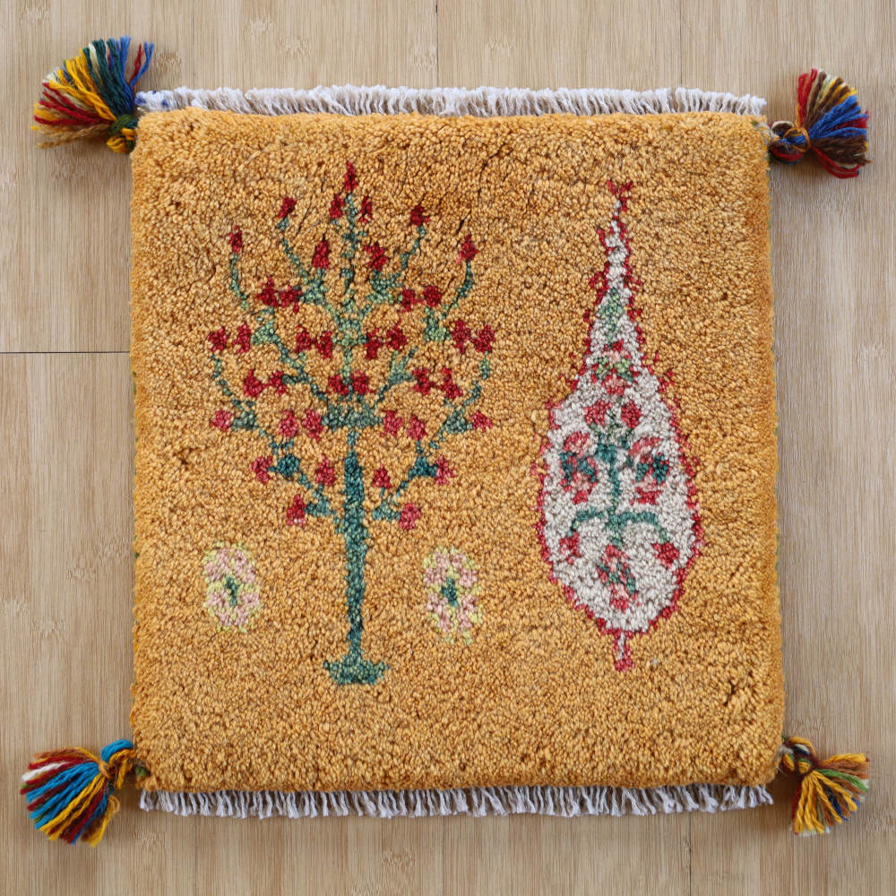 ギャッベ座布団　約40×40cm　黄色　イラン産・手織り