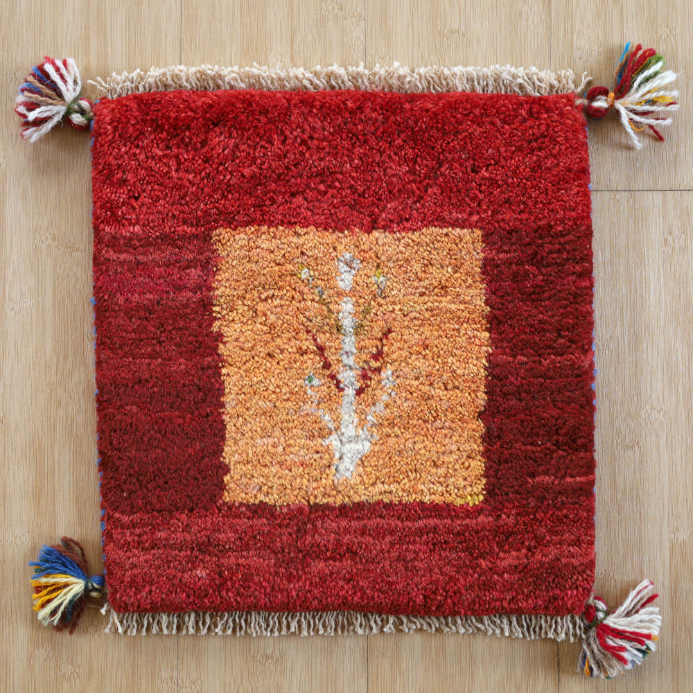 ギャッベ座布団　約40×40cm　赤×黄色　イラン産・手織り