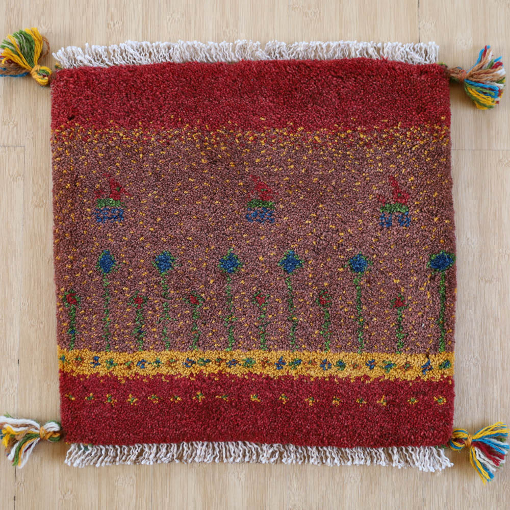 ギャッベ座布団　約40×40cm　えんじ×茶　イラン産・手織り