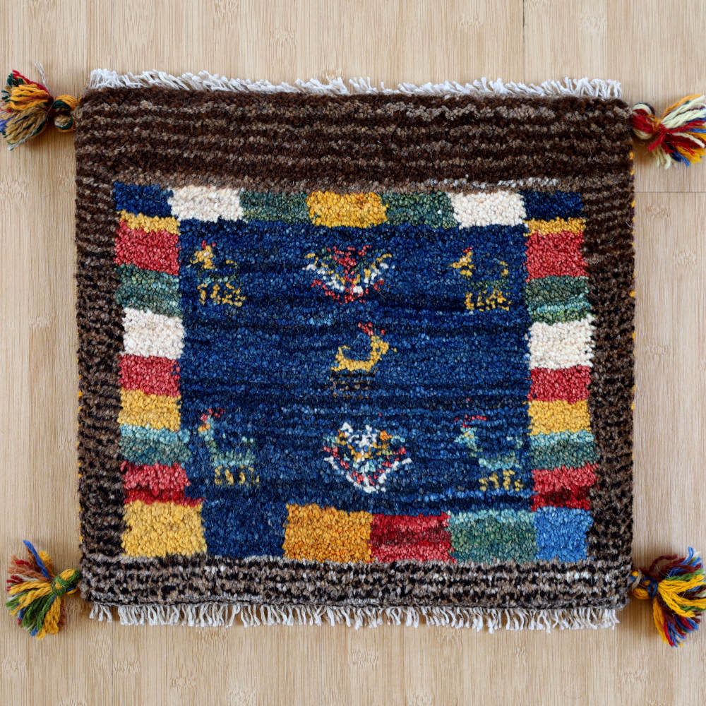 ギャッベ座布団　約40×40cm　こげ茶×藍　イラン産・手織り