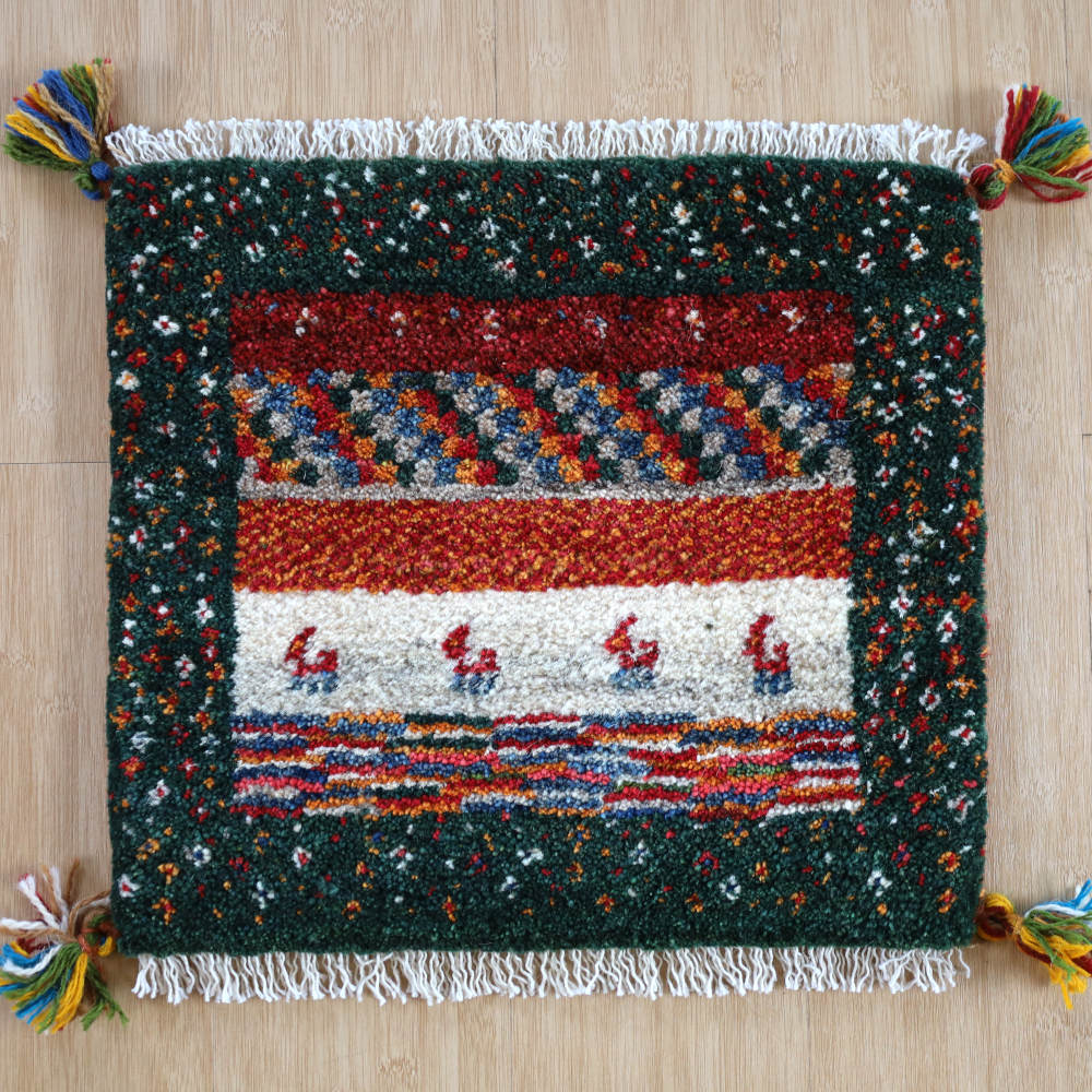 ギャッベ座布団　約40×40cm　緑　イラン産・手織り
