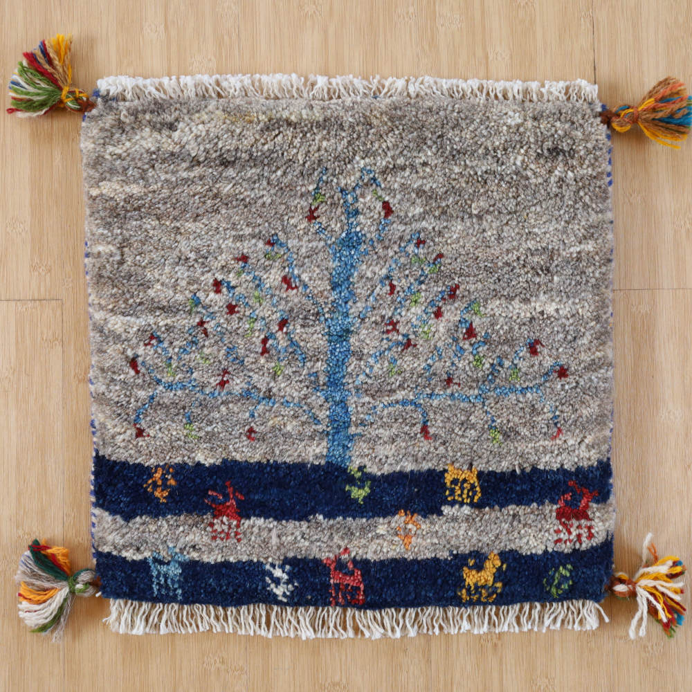 ギャッベ座布団　約40×40cm　グレー×藍　柘榴の木　イラン産・手織り