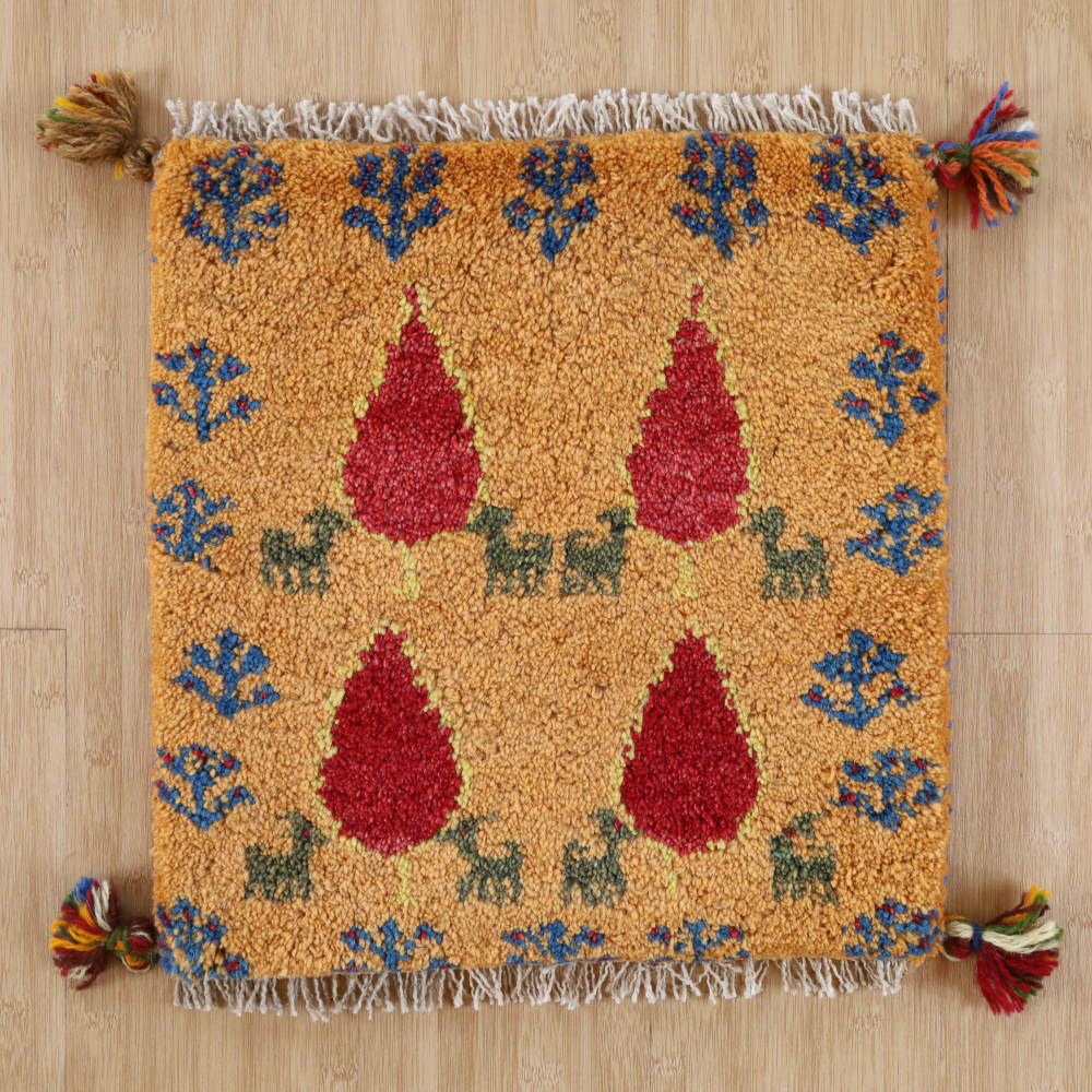ギャッベ座布団　約40×40cm　黄色　イラン産・手織り